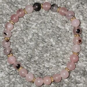 Pink Zebra Jasper 6mm+ Round Beaded Stretch Bracelet & Gold Over S925 Spacers